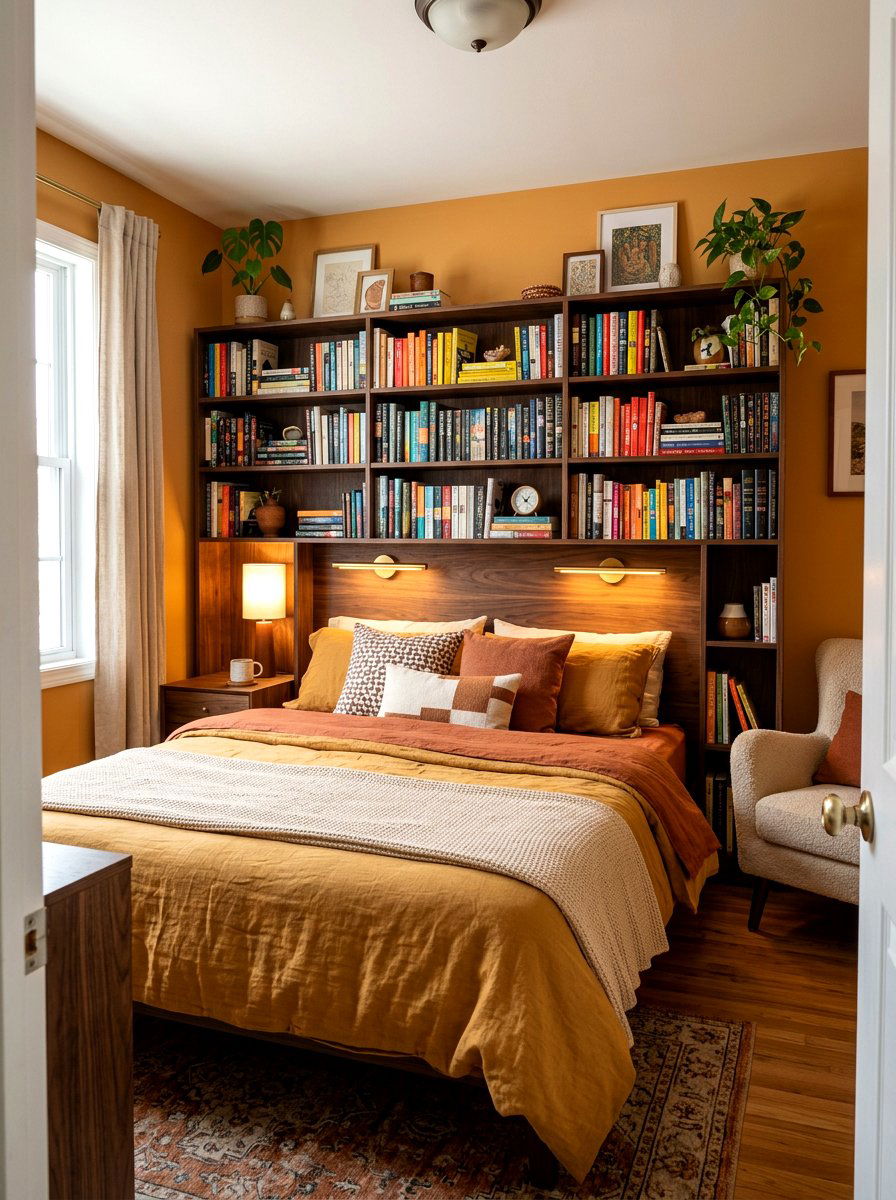 Headboard Bookshelf Storage - 30 book trove bedroom ideas