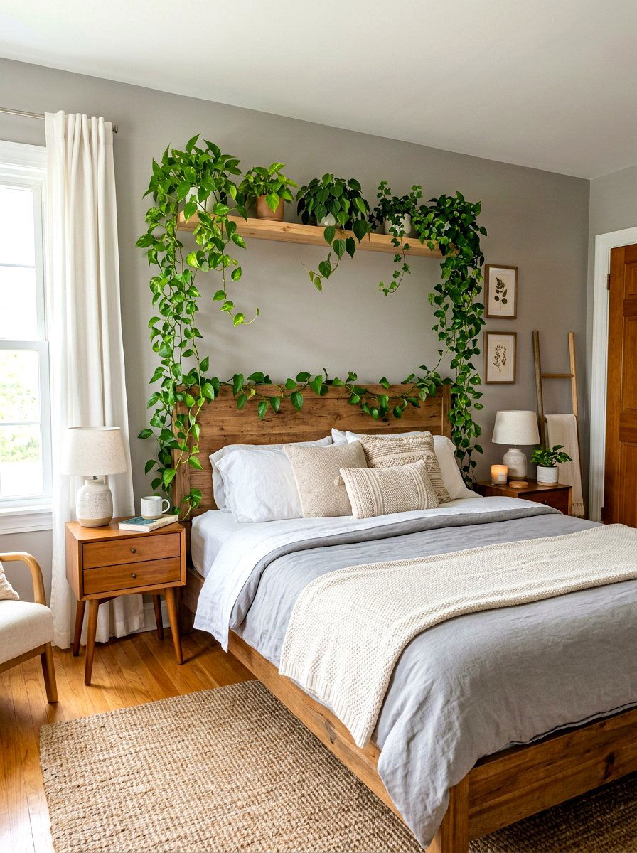 Headboard Trailing Vine - 30 bedroom plant decor ideas