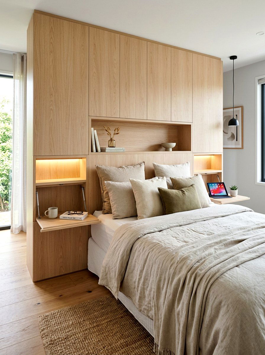 Headboard with hidden compartments - 30 minimalist bedroom storage ideas