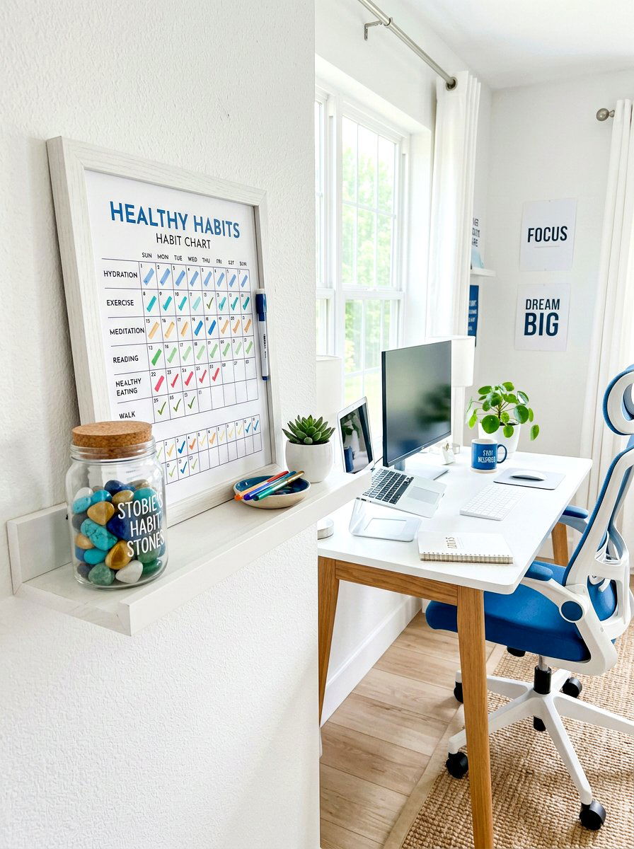 Healthy habit tracker shelf - 30 wellness shelf styling ideas