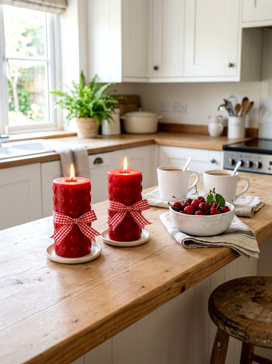 Heart Embossed Valentine Candle With Gingham Bow - 30 bow and candle Valentine ideas