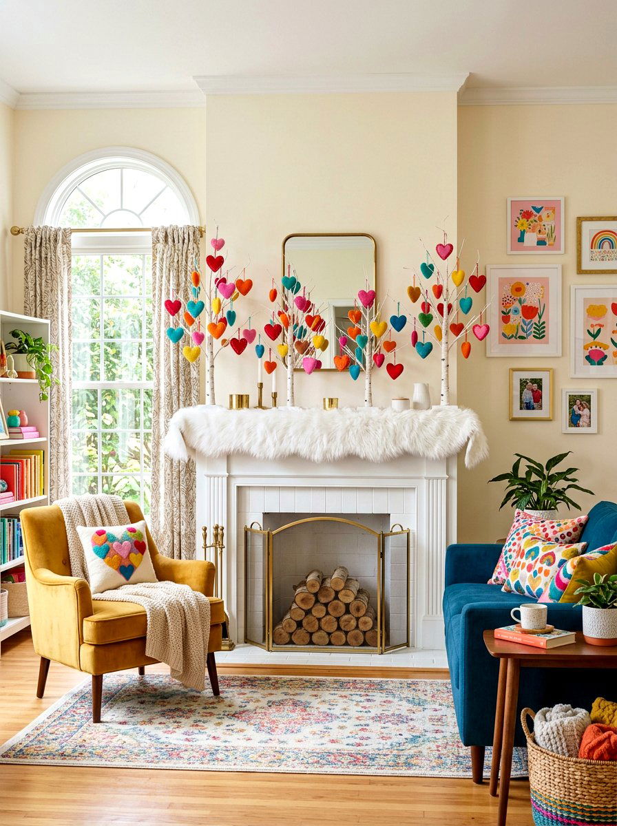 Heart Ornament Tree Whimsical Mantel - 30 Valentine mantel ideas