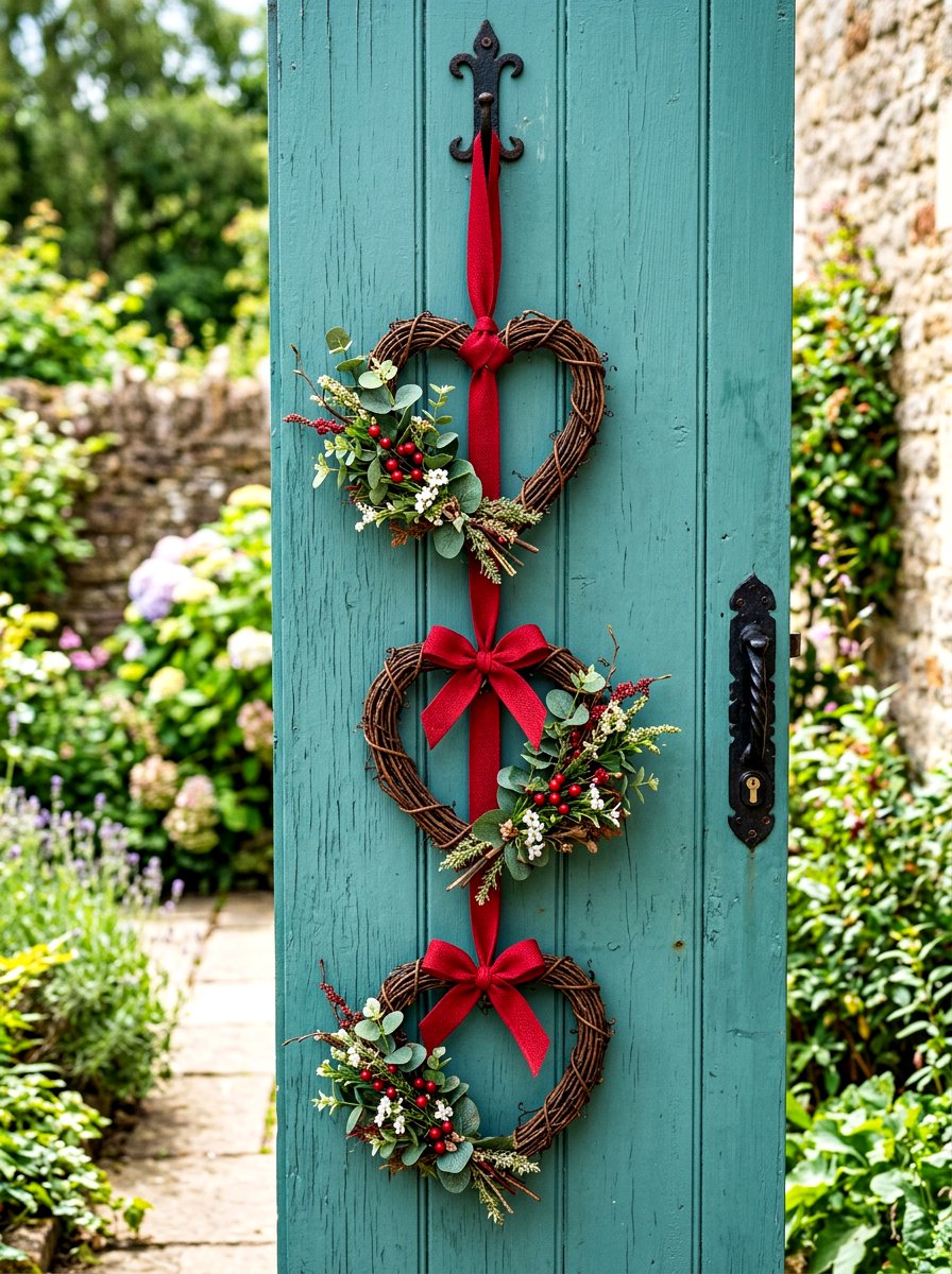 Heart Wreath Trio - 30 front porch Valentine decor ideas