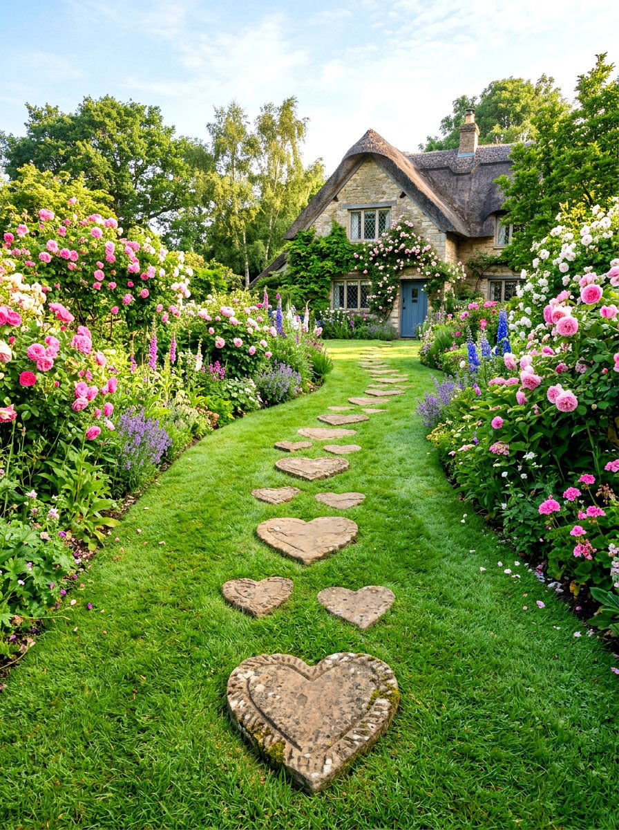 Heart shaped stepping stones - 30 stepping stones through grass ideas