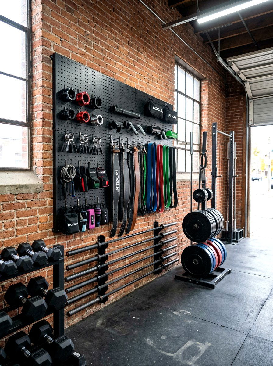 Heavy duty gym pegboard - 30 garage gym ideas