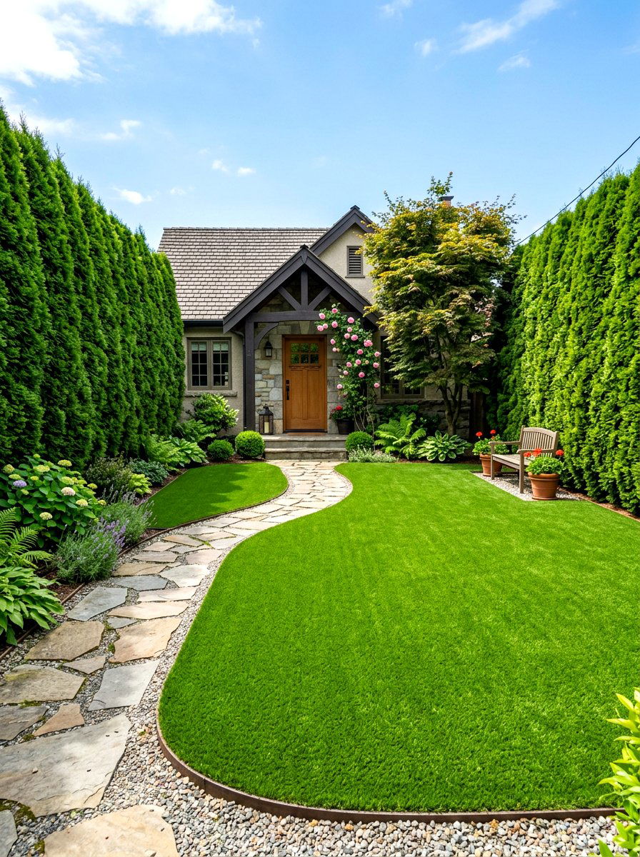 Hedge Border Screen - 30 artificial grass front yard ideas