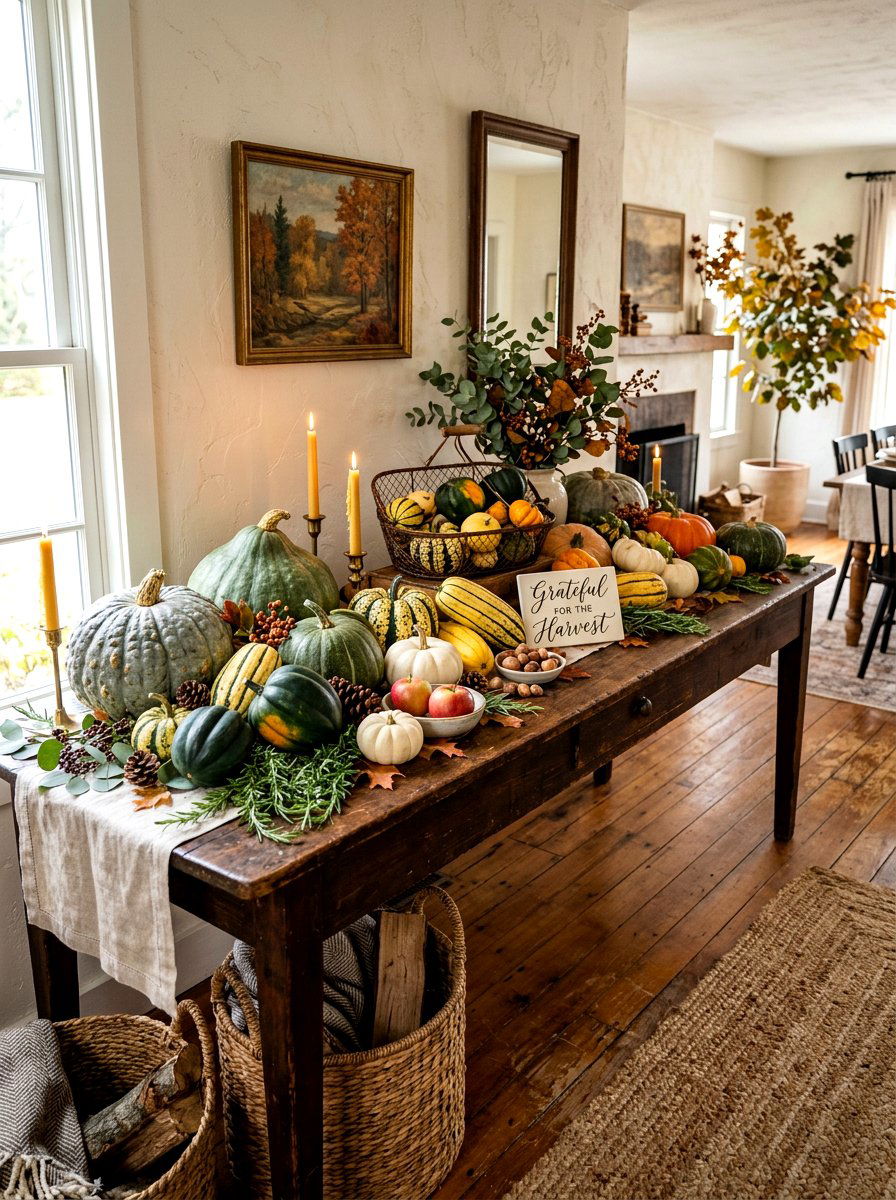 Heirloom Squash Thanksgiving Console - 30 Thanksgiving entry table ideas
