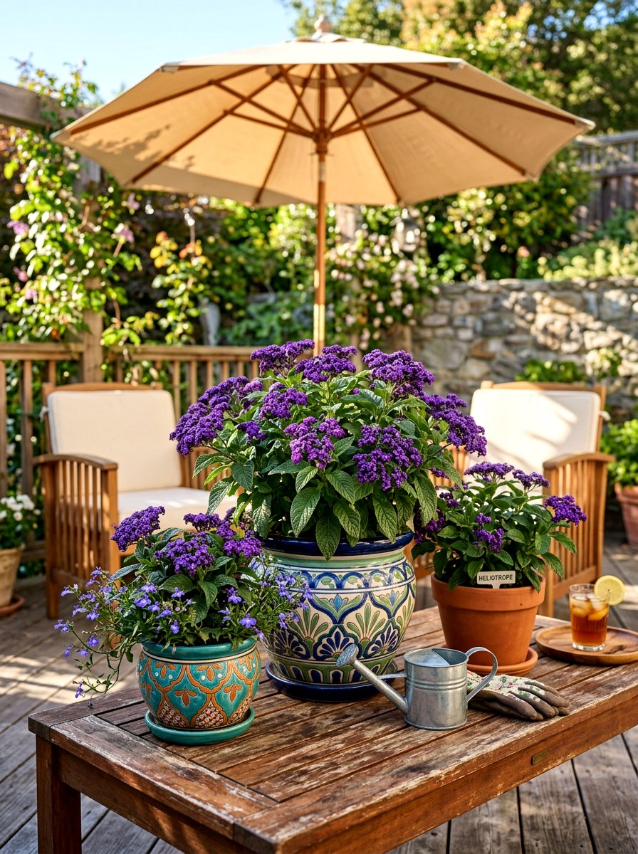 Heliotrope container garden - 30 fragrance garden backyard ideas