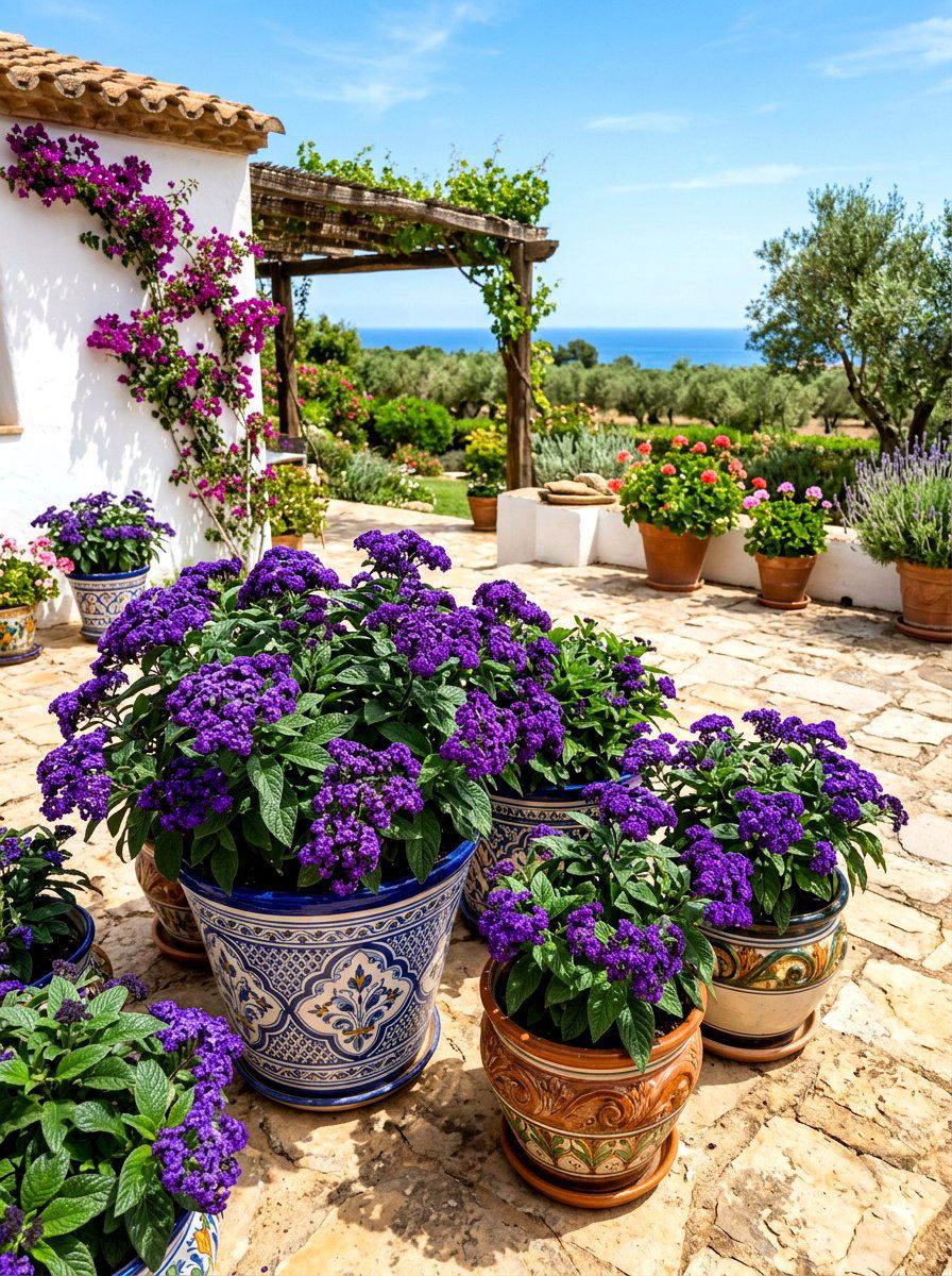 Heliotrope container garden - 30 purple flower garden ideas