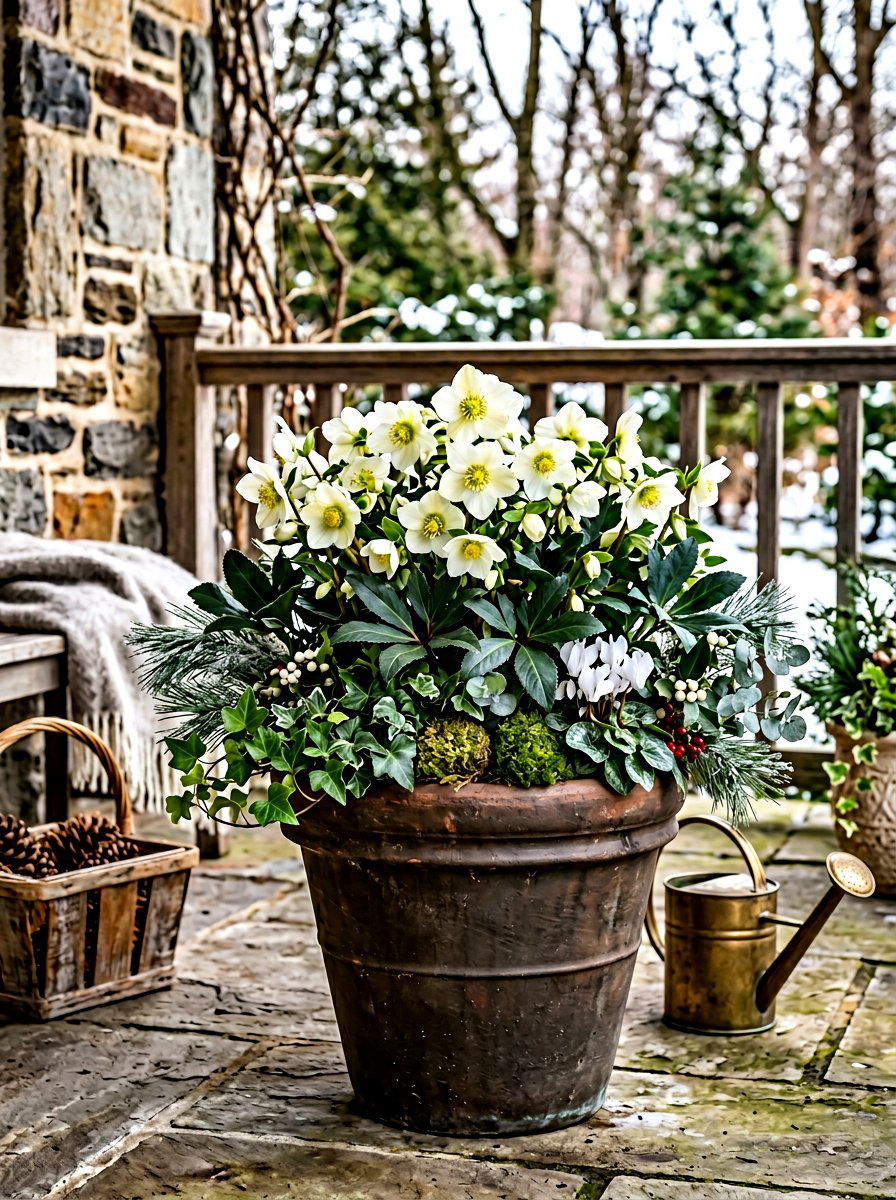 Hellebores Winter Porch Pot - 30 winter porch planter ideas