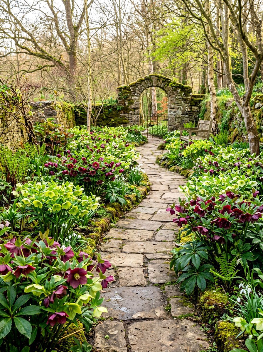 Hellebores early spring path - 30 walkway border planting ideas