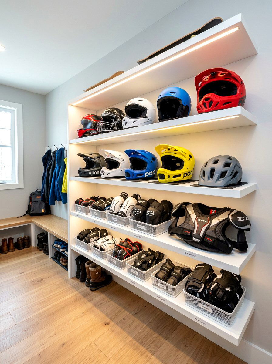Helmet and pad shelving - 30 sports gear mudroom ideas