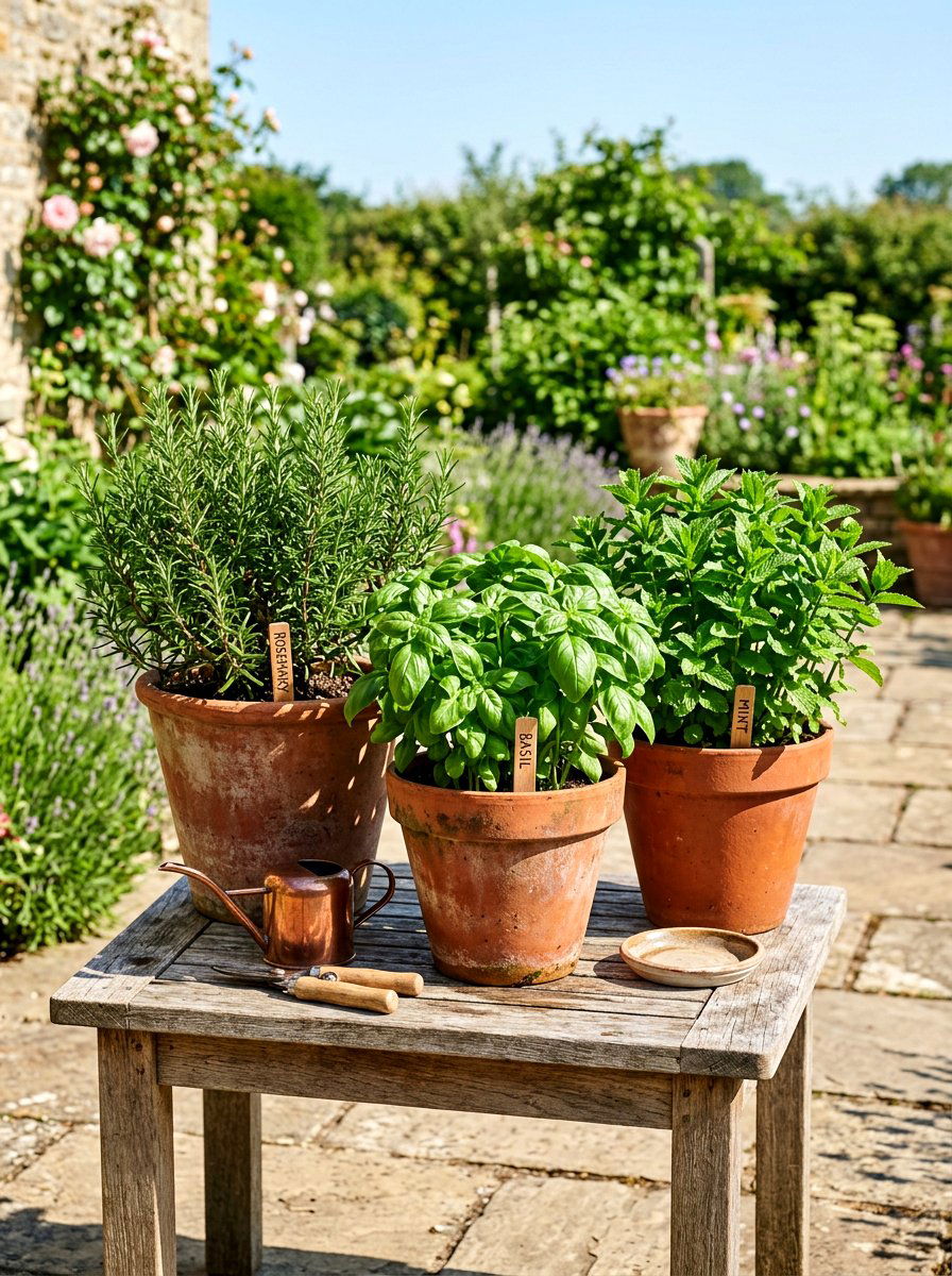 Herb Container - 30 low maintenance patio garden ideas