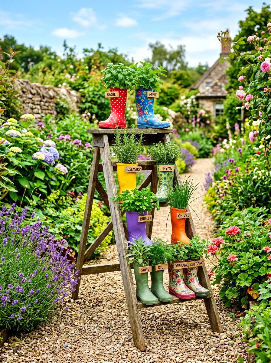 Herb Garden In Old Boots - 30 herb container garden ideas