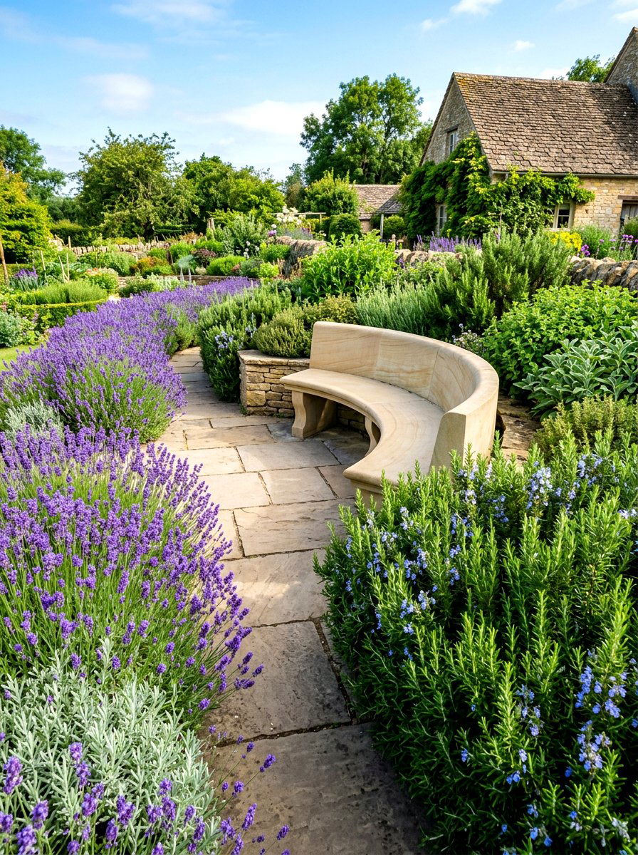 Herb Garden With Curved Stone Bench - 30 curved bench garden ideas