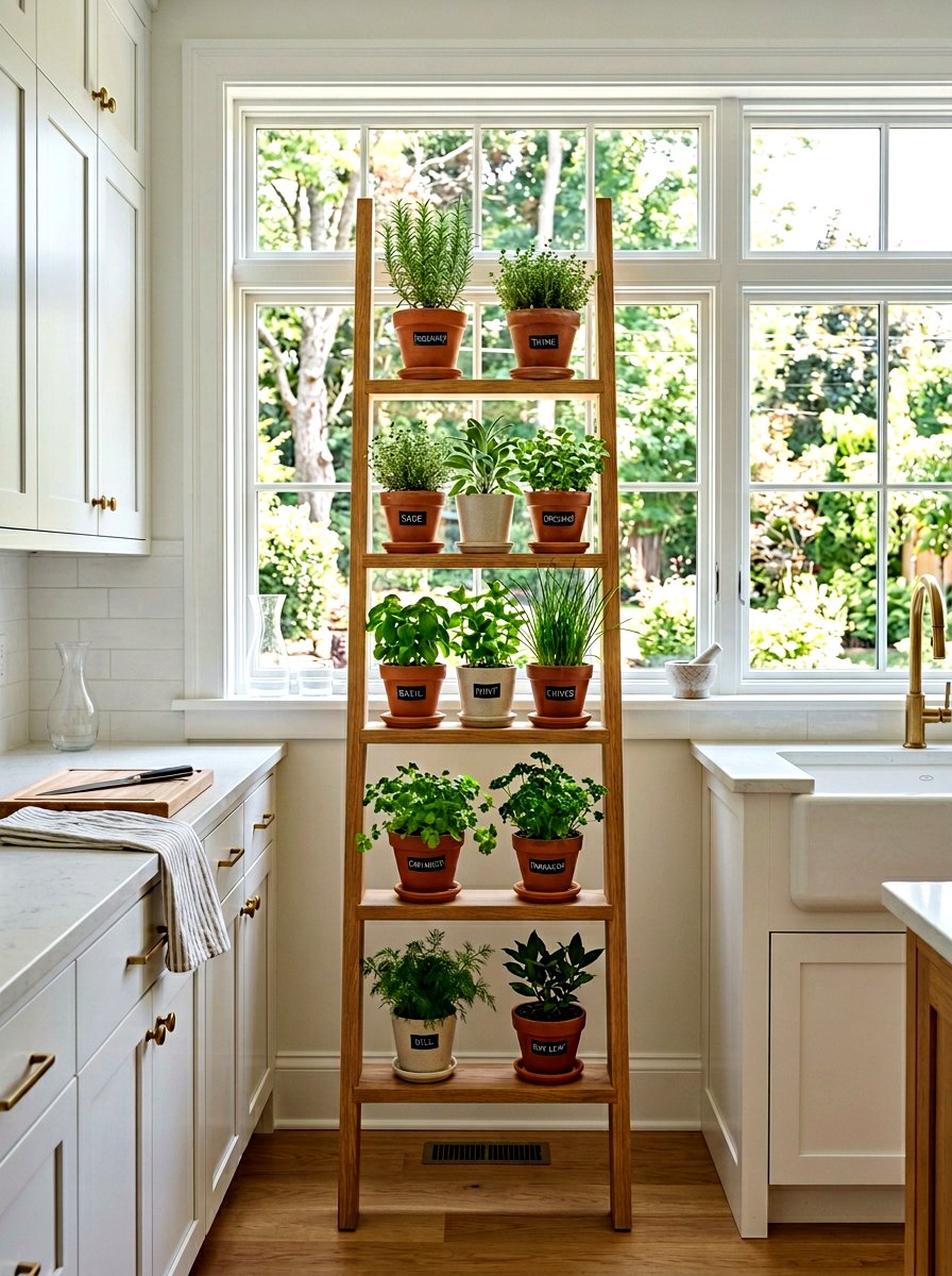 Herb Shelf Ladder Window - 30 windowsill planter ideas