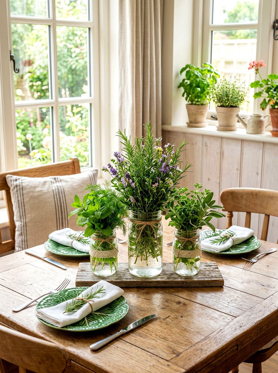 Herb bouquet centerpiece - 30 cabbagecore tablescape ideas