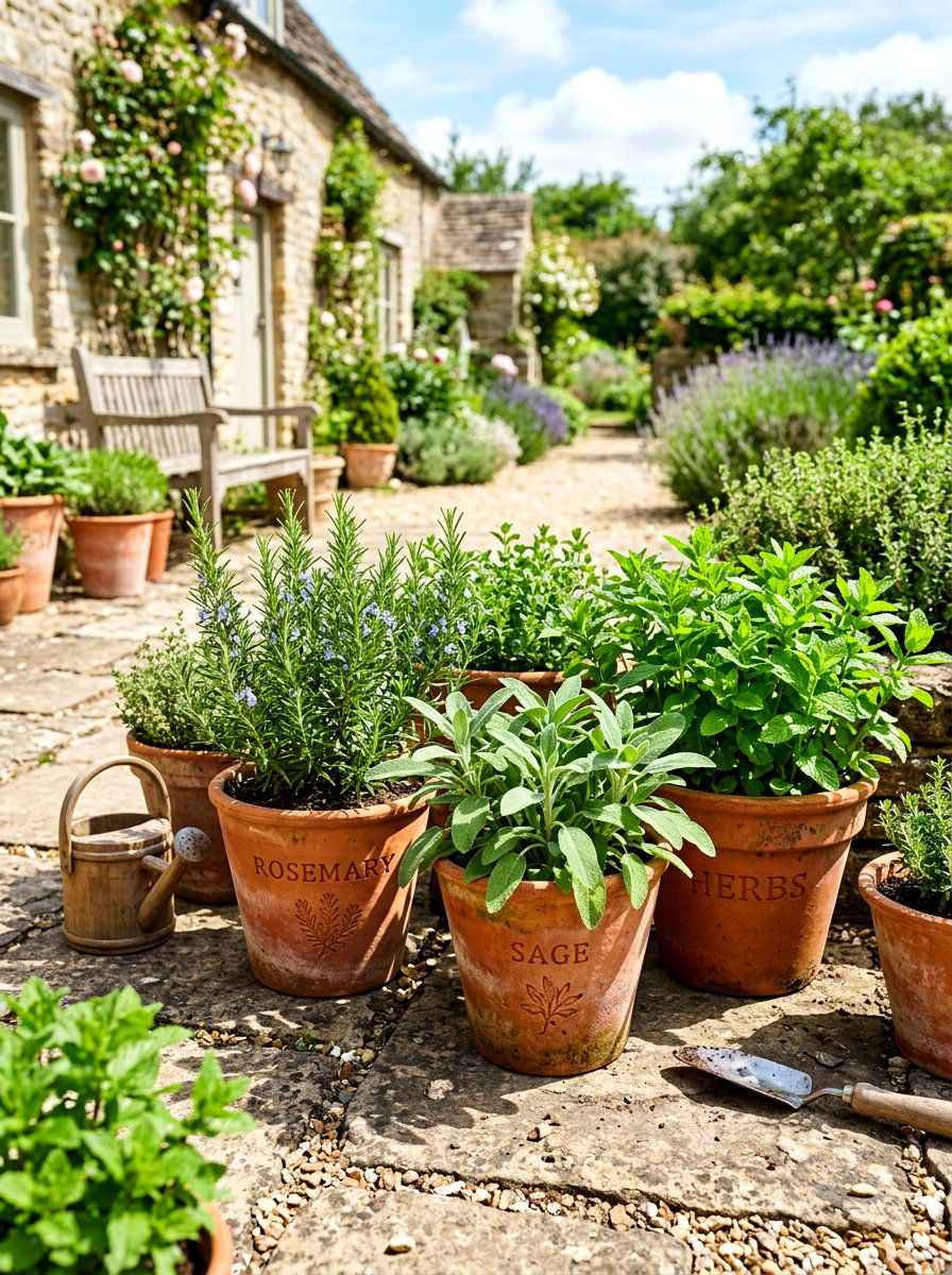 Herb garden in terracotta pots - 30 cottagecore garden ideas