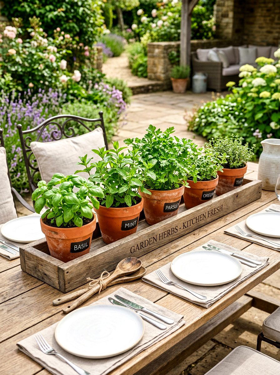 Herb garden planter table runner - 30 garden salad tablescape ideas