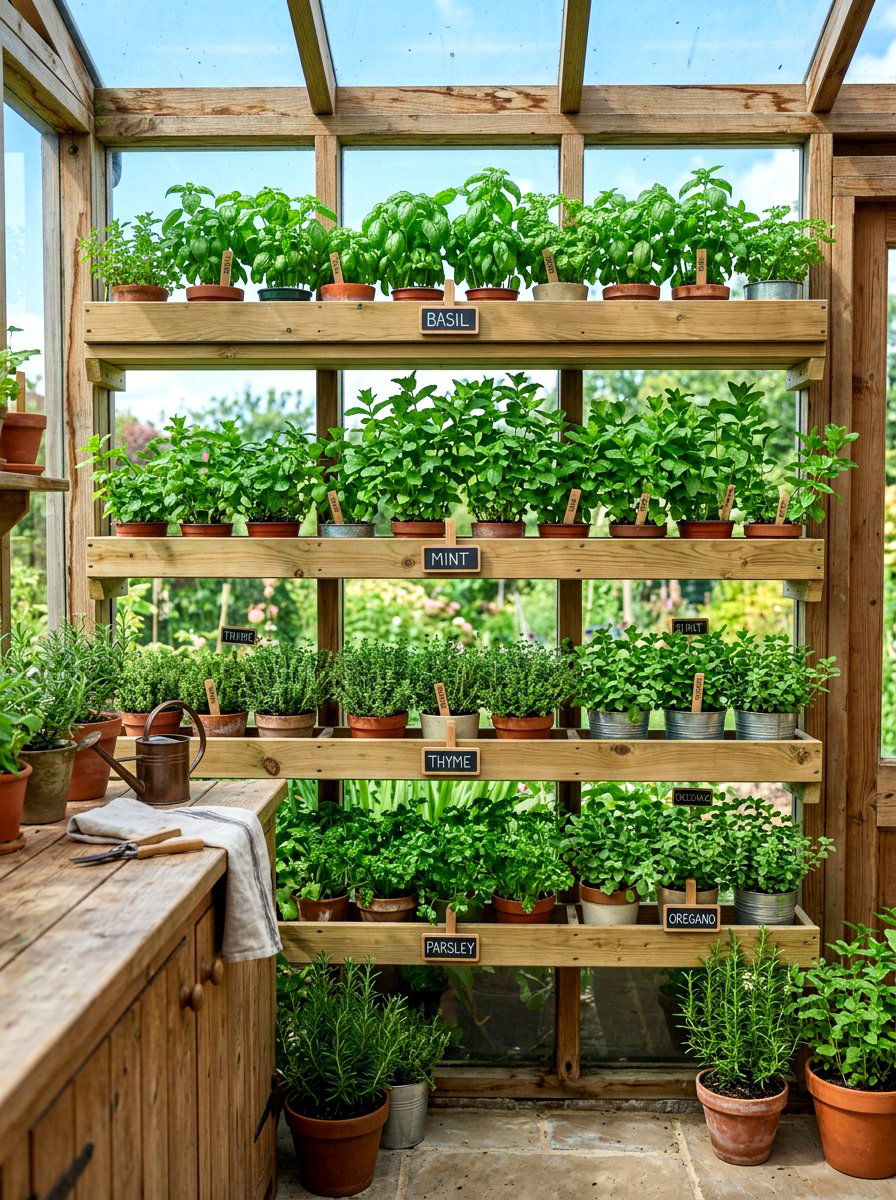 Herb garden shelving - 30 greenhouse shelving ideas