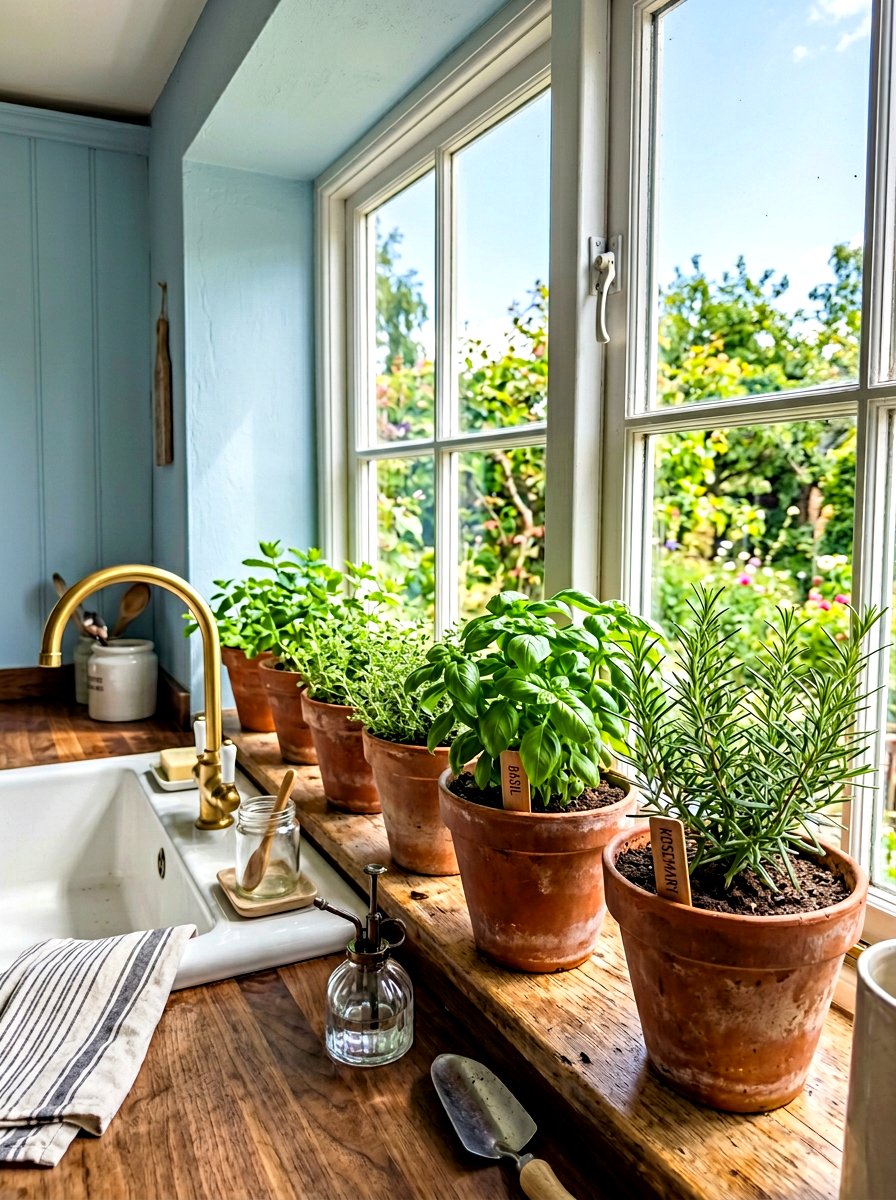 Herb garden windowsill - 30 cottagecore kitchen ideas