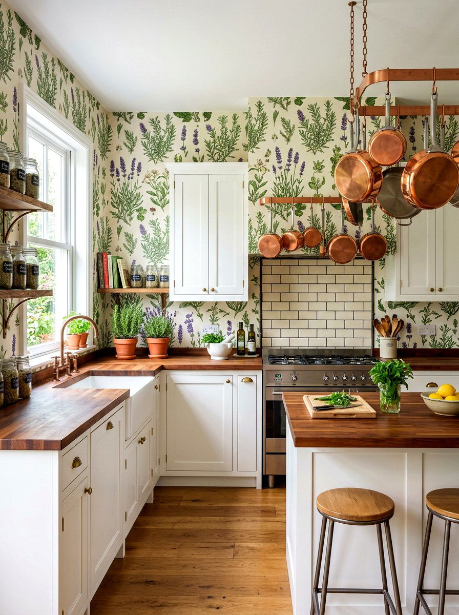 Herb print kitchen - 30 garden print wallpaper ideas