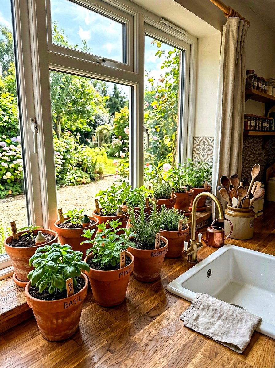 Herbs In Terracotta Pots - 30 vintage farmhouse kitchen ideas
