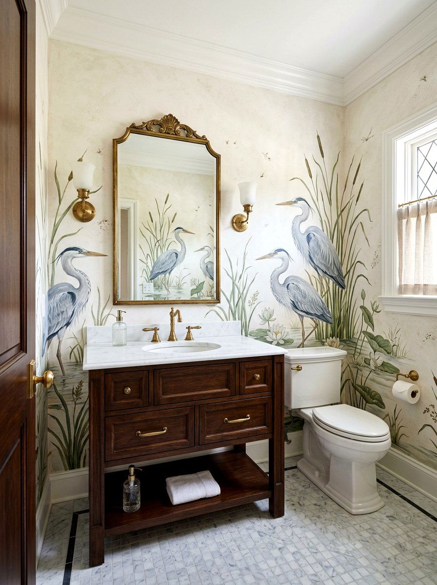 Heron Bird Mural Powder Room - 30 murals in powder room ideas