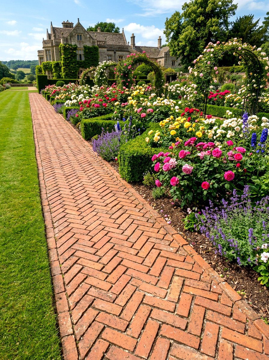 Herringbone Brick Border - 30 brick garden edging ideas