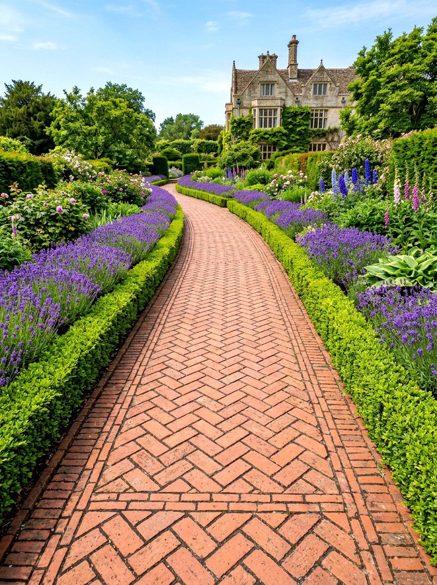 Herringbone Brick Garden Path - 30 brick border front yard ideas