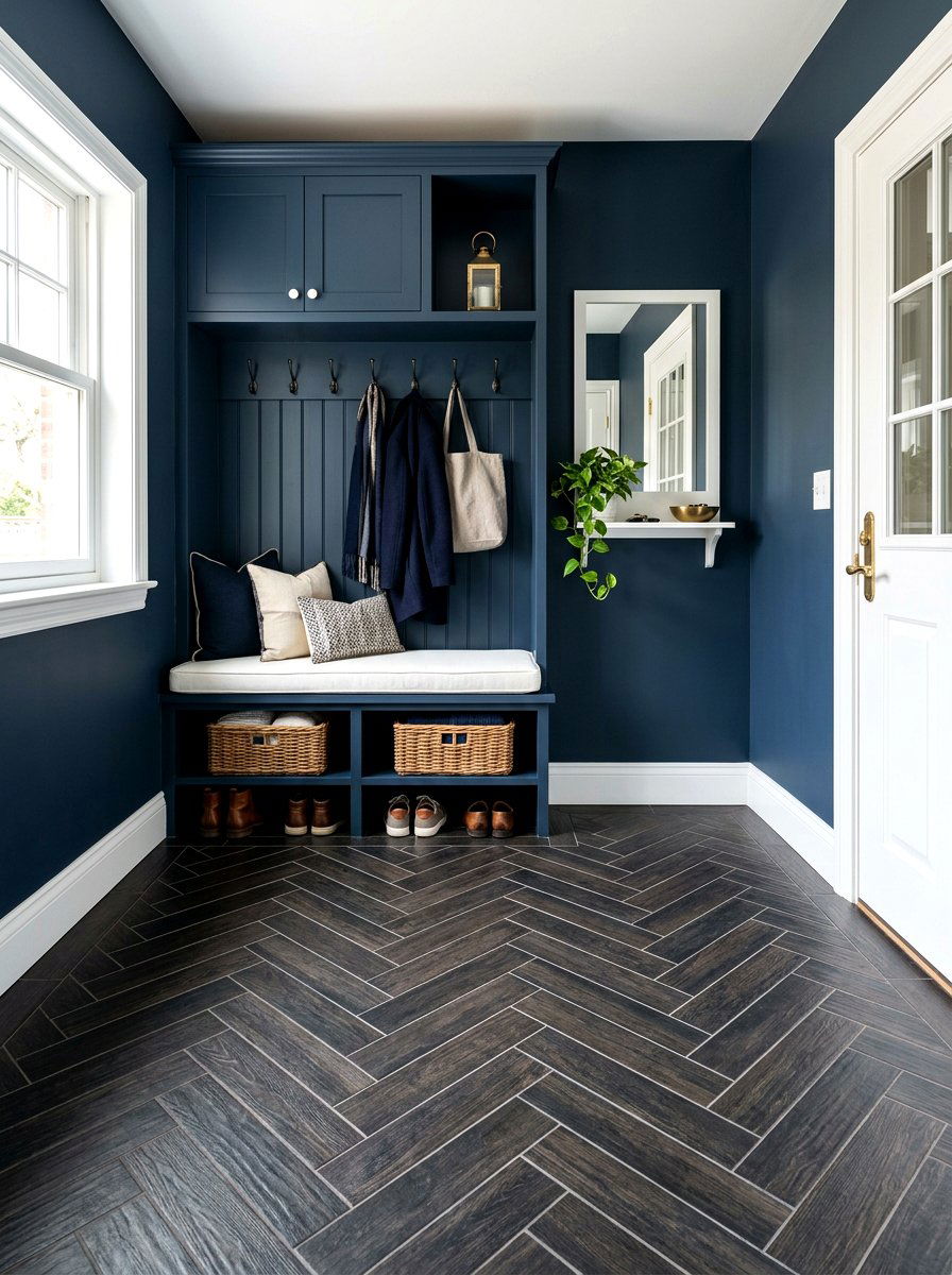 Herringbone Floor Mudroom - 30 moody mudroom ideas