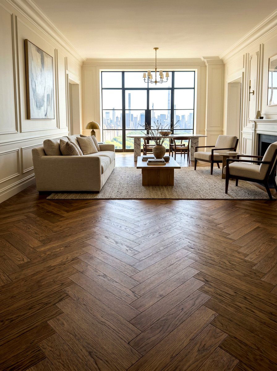 Herringbone Hardwood Floor - 30 old money apartment decor ideas