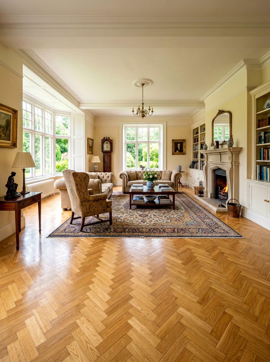 Herringbone Hardwood Floor - 30 English manor living room ideas