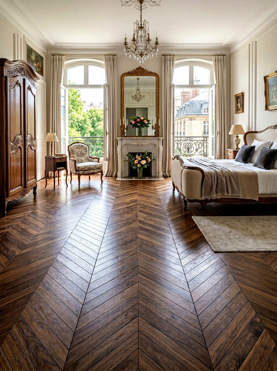 Herringbone Parquet Flooring - 30 Parisian bedroom ideas