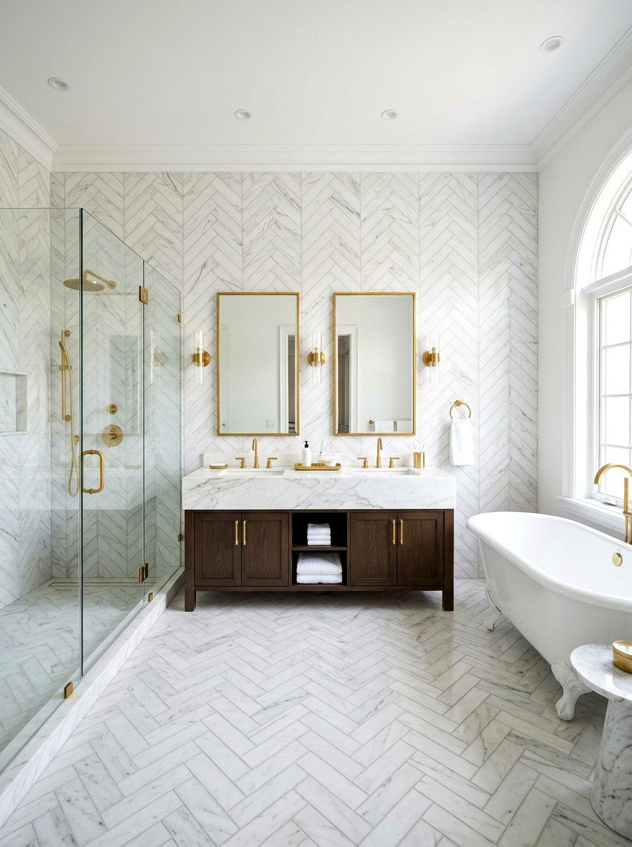 Herringbone Pattern Bathroom - 30 floor to ceiling tile bathroom ideas