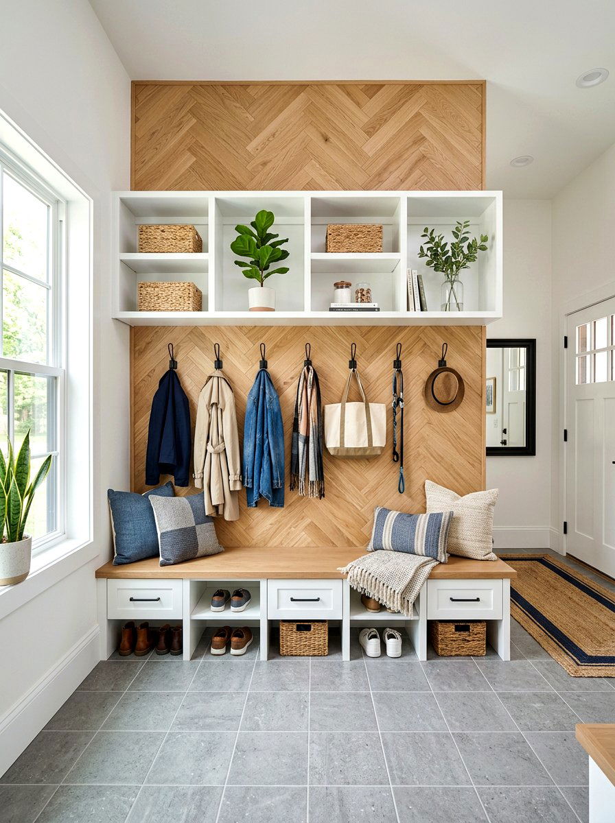 Herringbone Pattern Mudroom Wall - 30 open mudroom shelving ideas