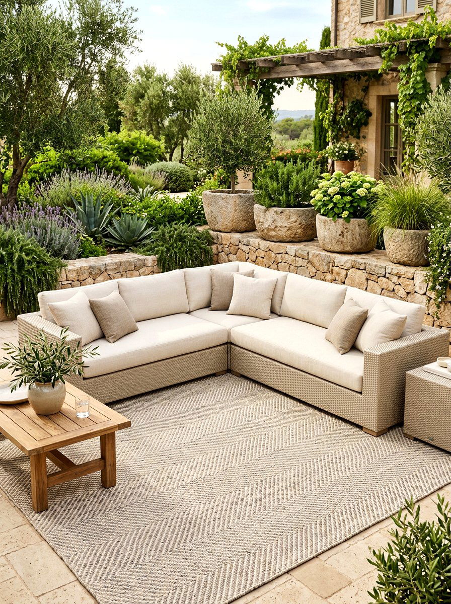 Herringbone Pattern Over Solid Beige Rug - 30 layered outdoor rug ideas