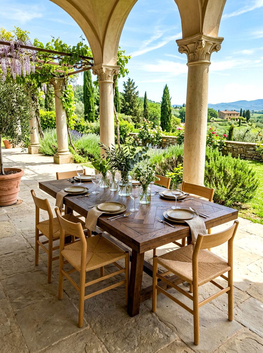 Herringbone Pattern Patio Table - 30 farmhouse outdoor table ideas