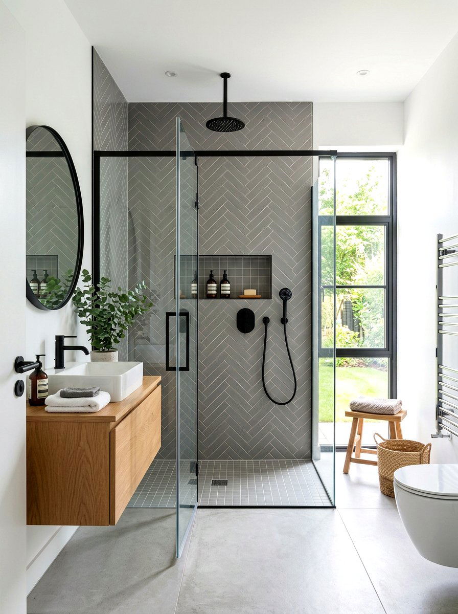 Herringbone Pattern Shower Niche - 30 shower niche ideas