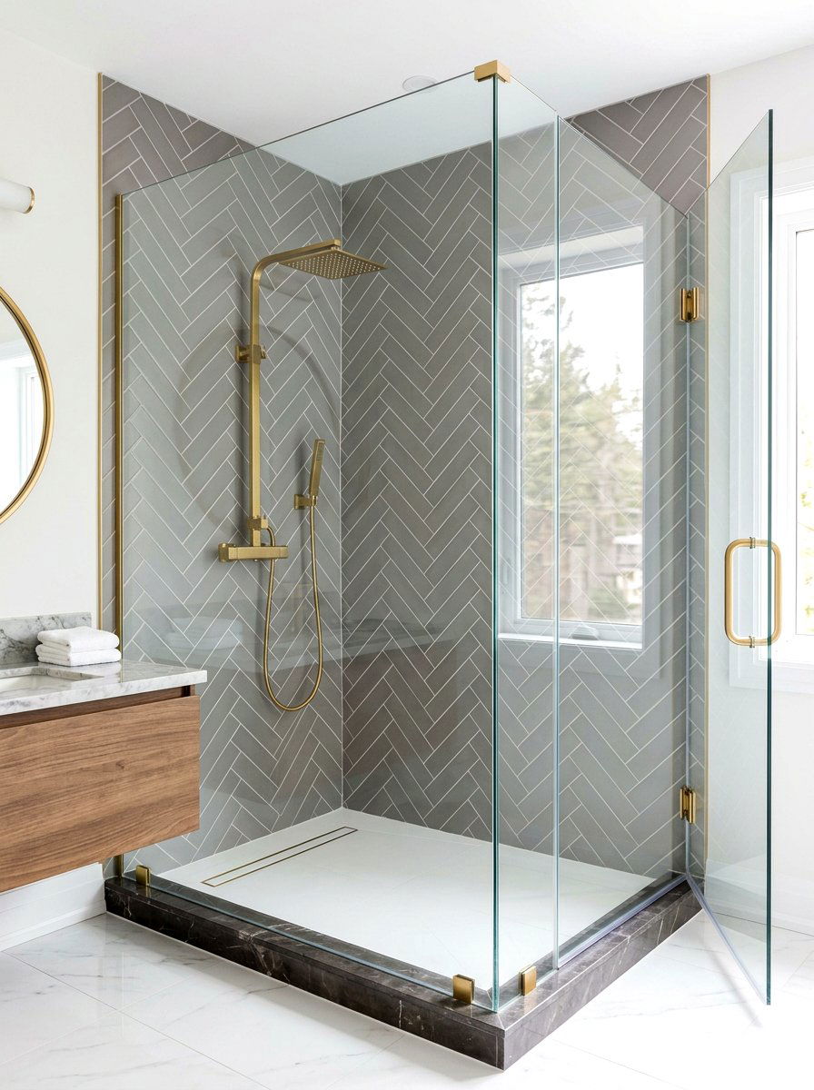 Herringbone Pattern Shower - 30 bathroom tile ideas
