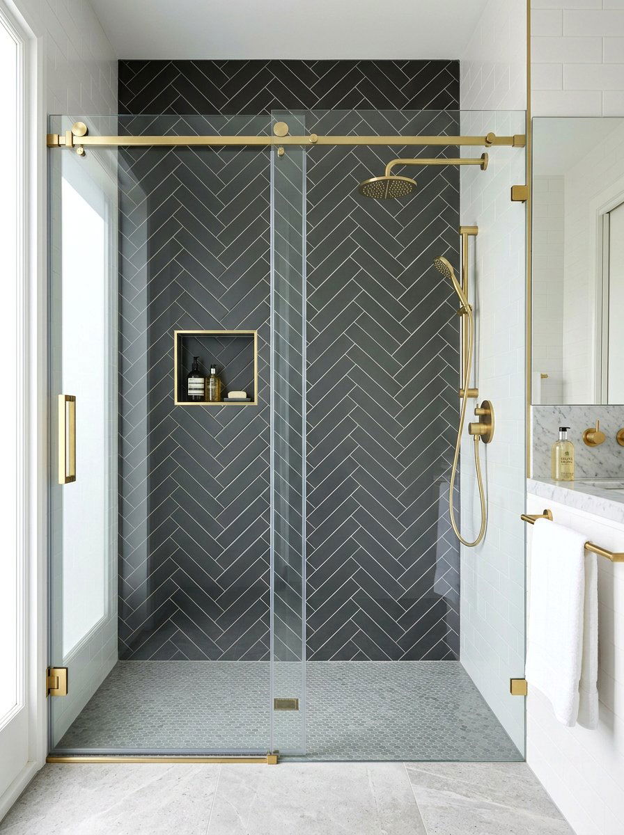 Herringbone Pattern Tile Wall - 30 art deco bathroom ideas