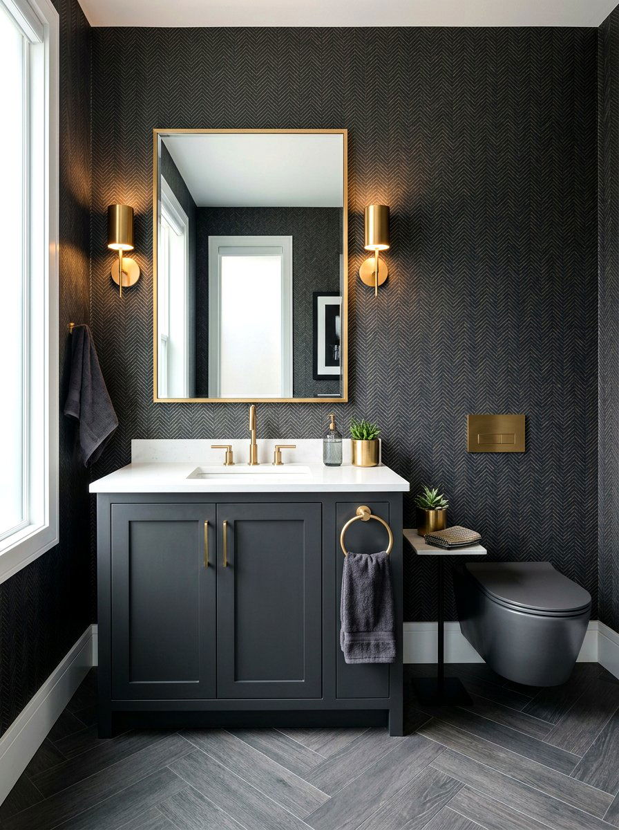 Herringbone Pattern Wallpaper - 30 wallpapered powder room ideas