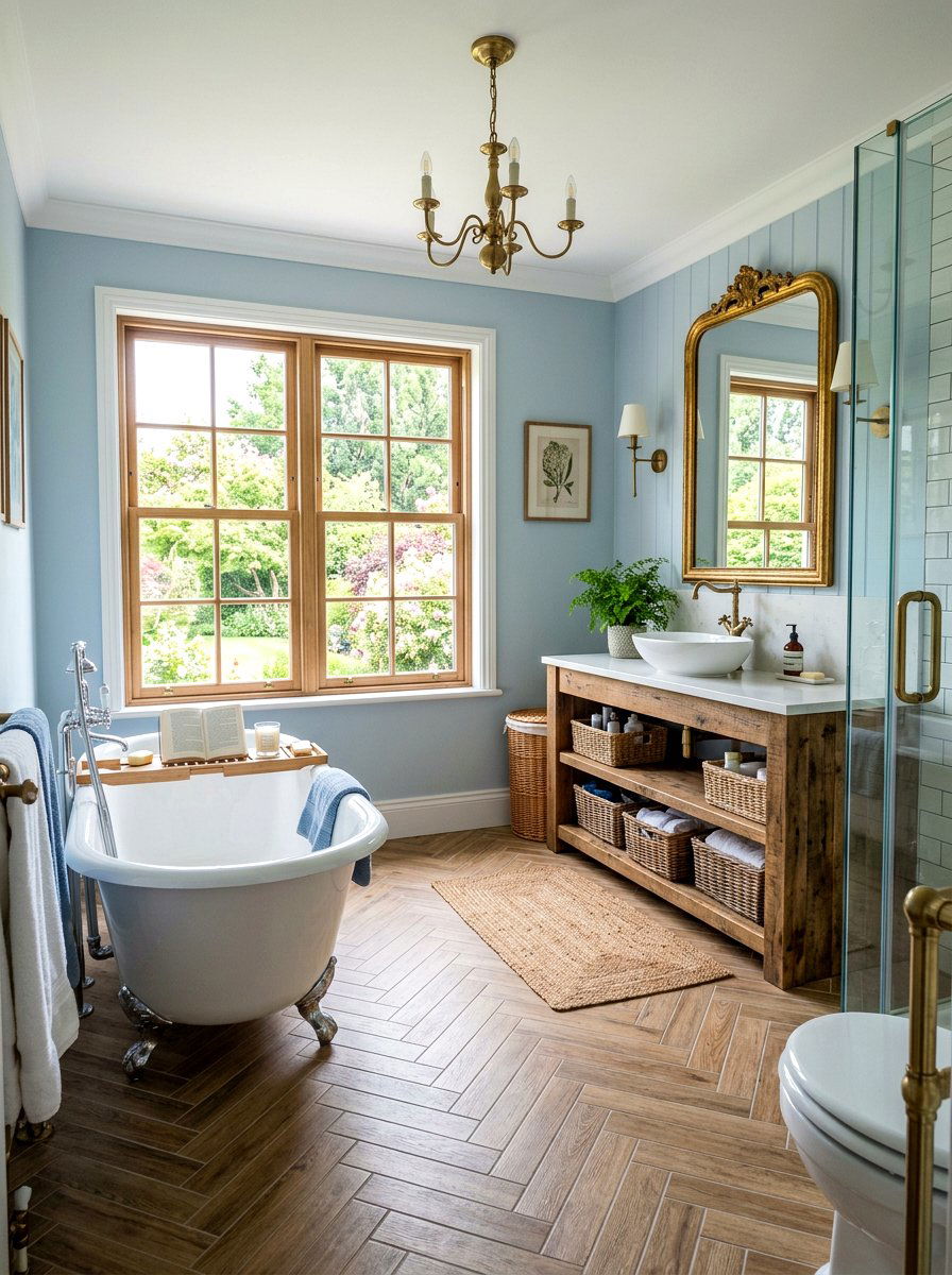 Herringbone Pattern Wood Look Flooring - 30 French country bathroom ideas