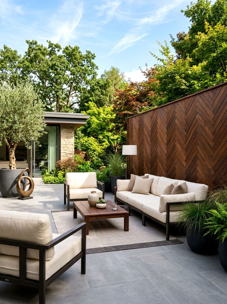 Herringbone Pattern Wood Screen - 30 patio corner screen ideas