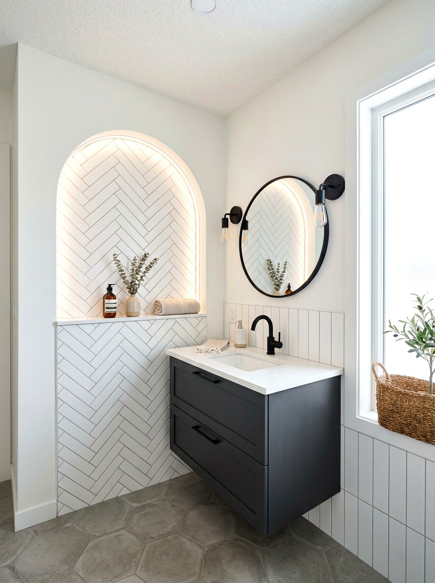 Herringbone Tile Arched Niche - 30 arched vanity niche ideas