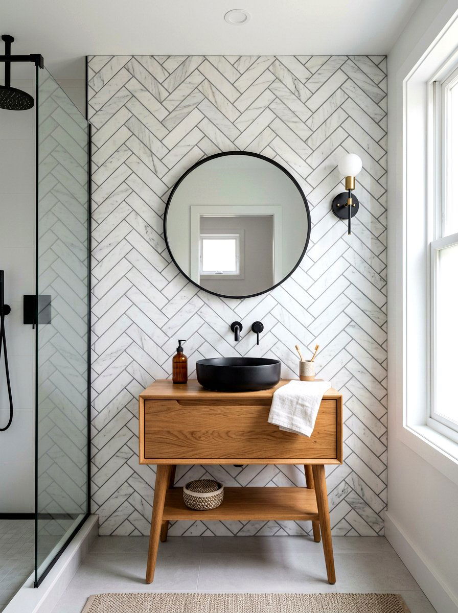 Herringbone Tile Bathroom Wall - 30 guest powder room decor ideas
