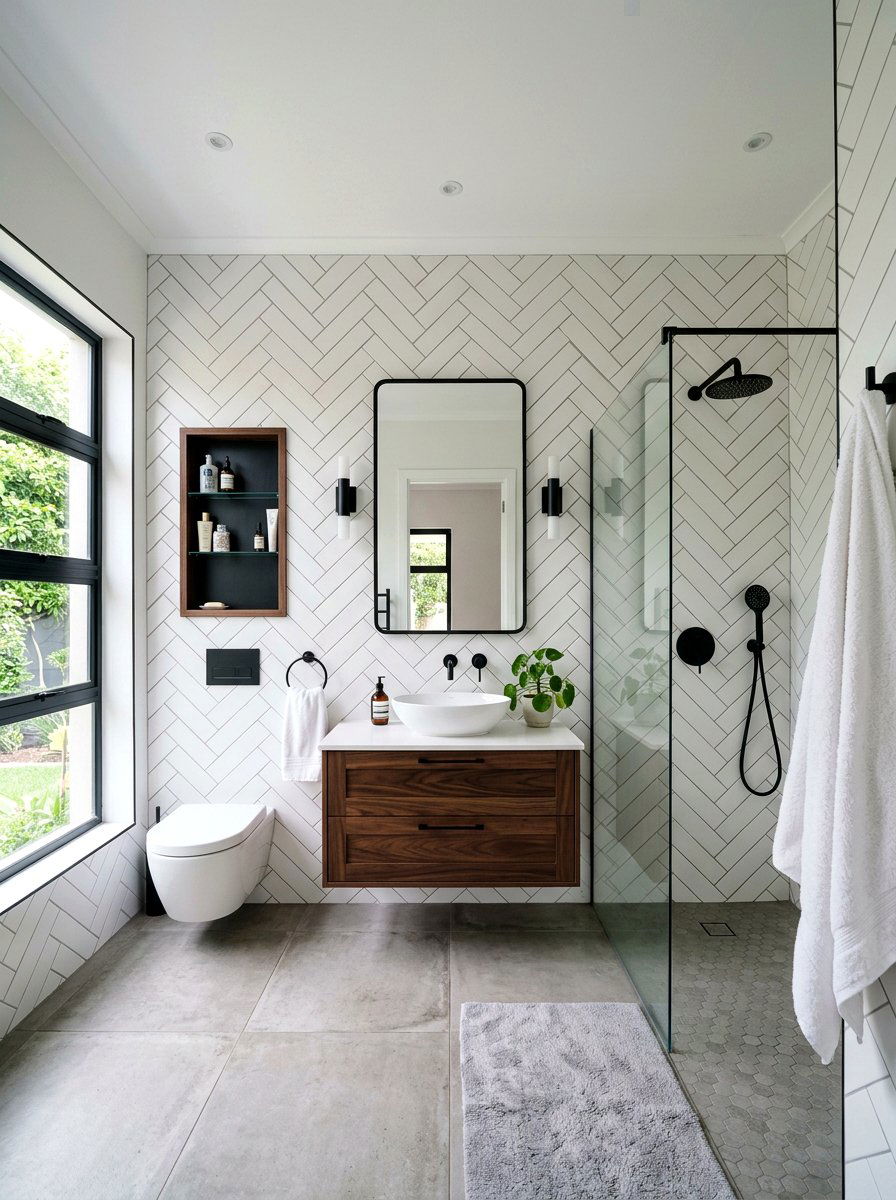 Herringbone Tile Bathroom - 30 dramatic bathroom ideas