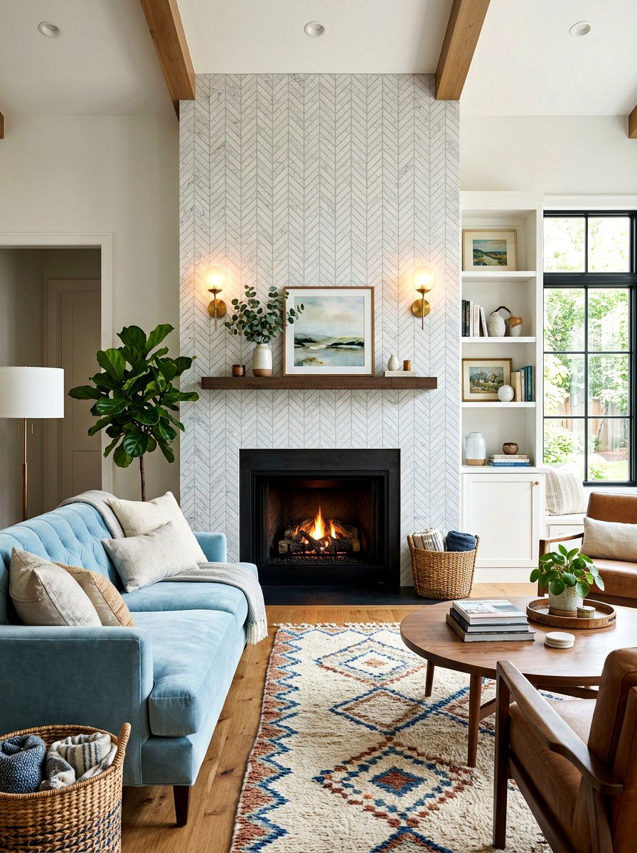 Herringbone Tile Fireplace - 30 family room fireplace ideas