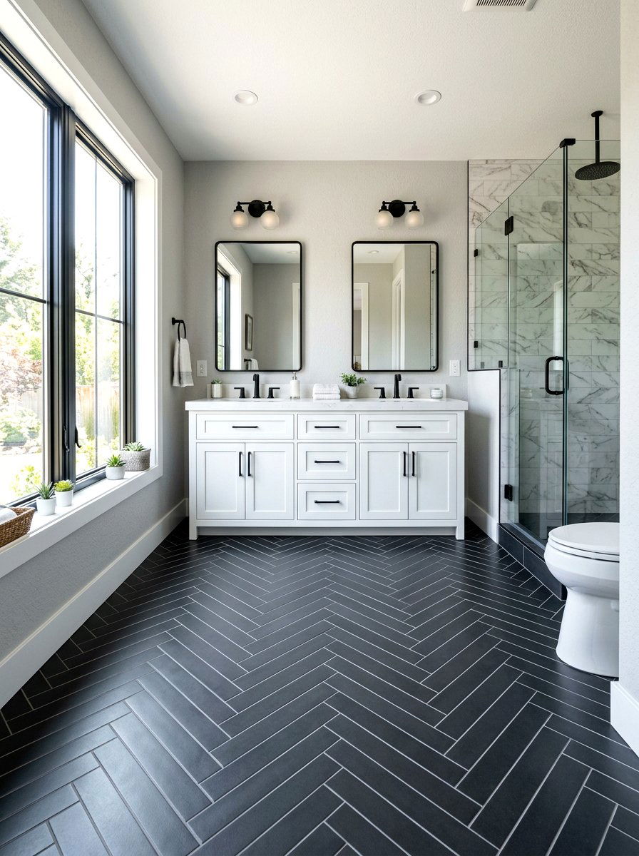 Herringbone Tile Floor Bathroom - 30 moody farmhouse bathroom ideas