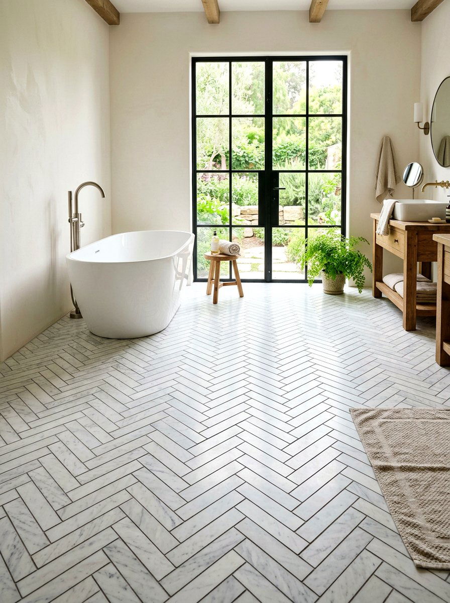 Herringbone Tile Floor - 30 Parisian bathroom ideas